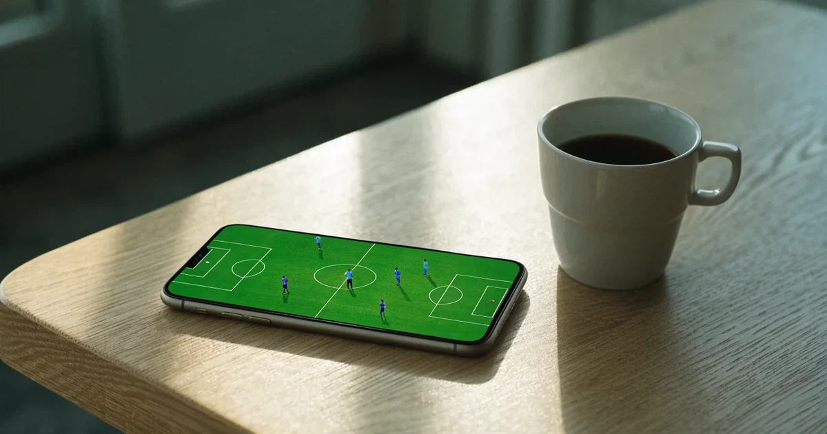Ein Smartphone mit dunklem Display liegt neben einer Kaffeetasse und einigen Münzen auf einem hellen Holztisch, weiches Tageslicht fällt von links.
