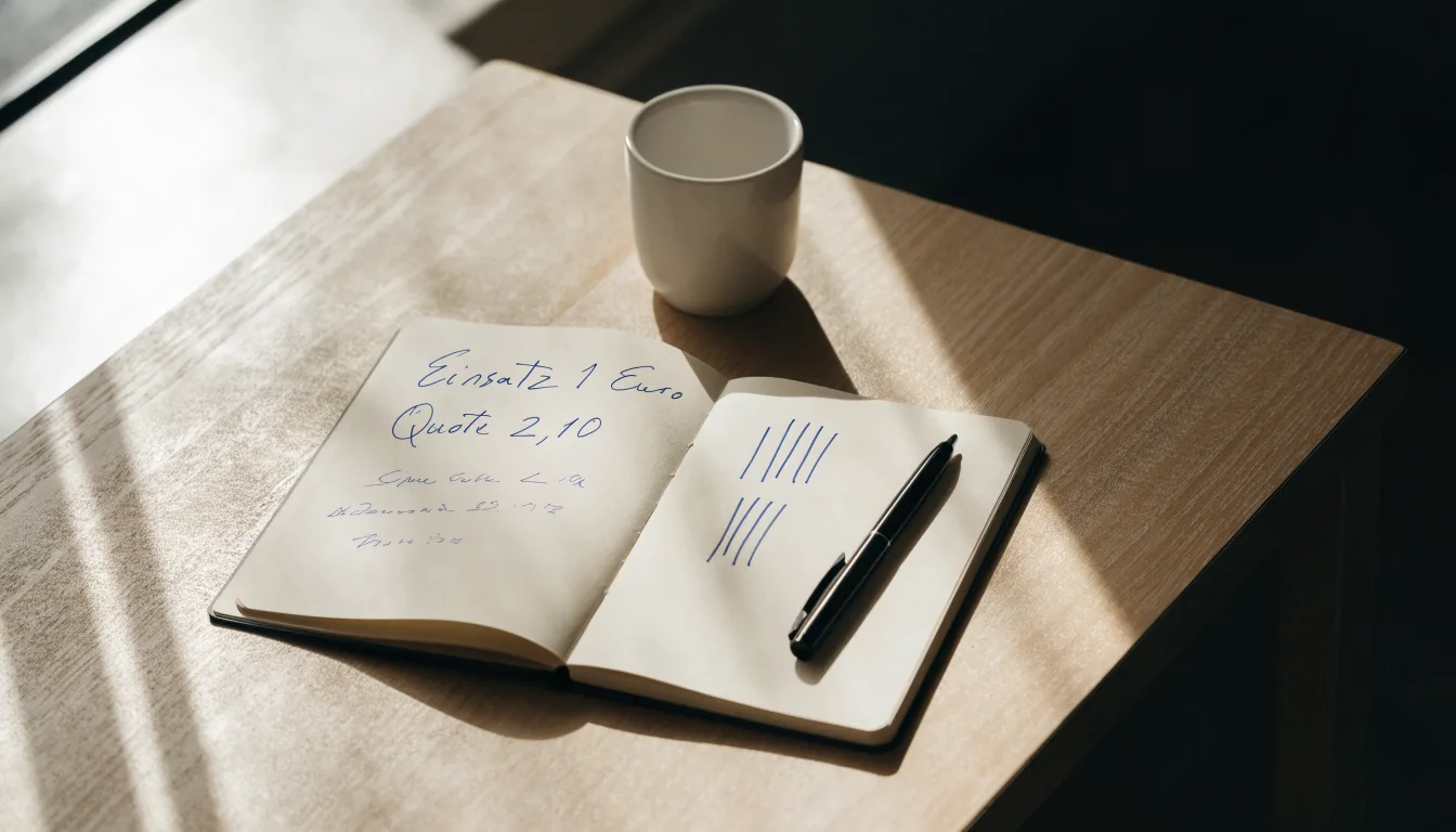 Ein Notizbuch mit handschriftlichen Notizen und ein Kugelschreiber liegen auf einem Schreibtisch neben einer Tasse, Blick schräg von oben.