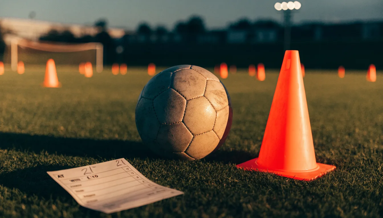 Ein Fußball liegt auf einem Trainingsplatz neben einem orangen Hütchen, Abendlicht fällt flach über den Rasen.