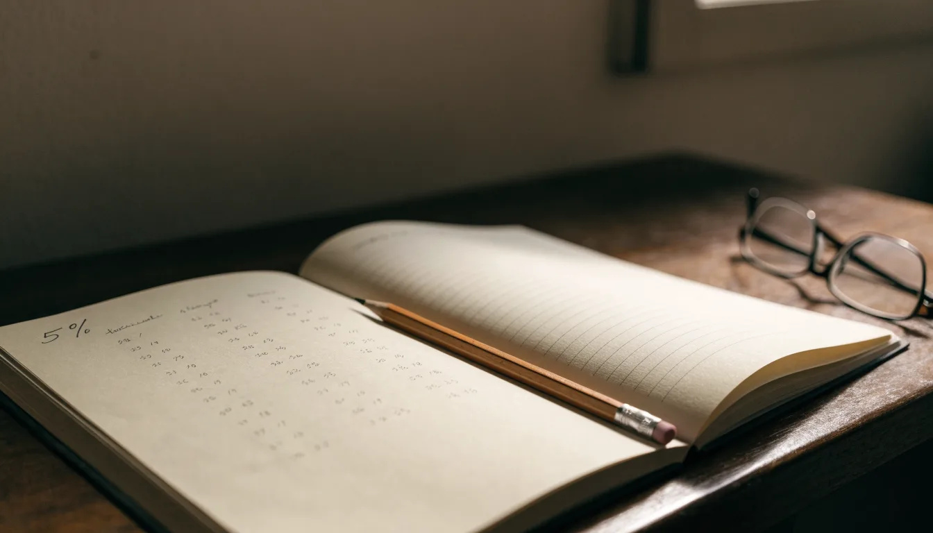 Ein aufgeschlagenes Notizbuch mit handschriftlichen Notizen liegt neben einem Bleistift auf einem Schreibtisch, daneben eine Brille.