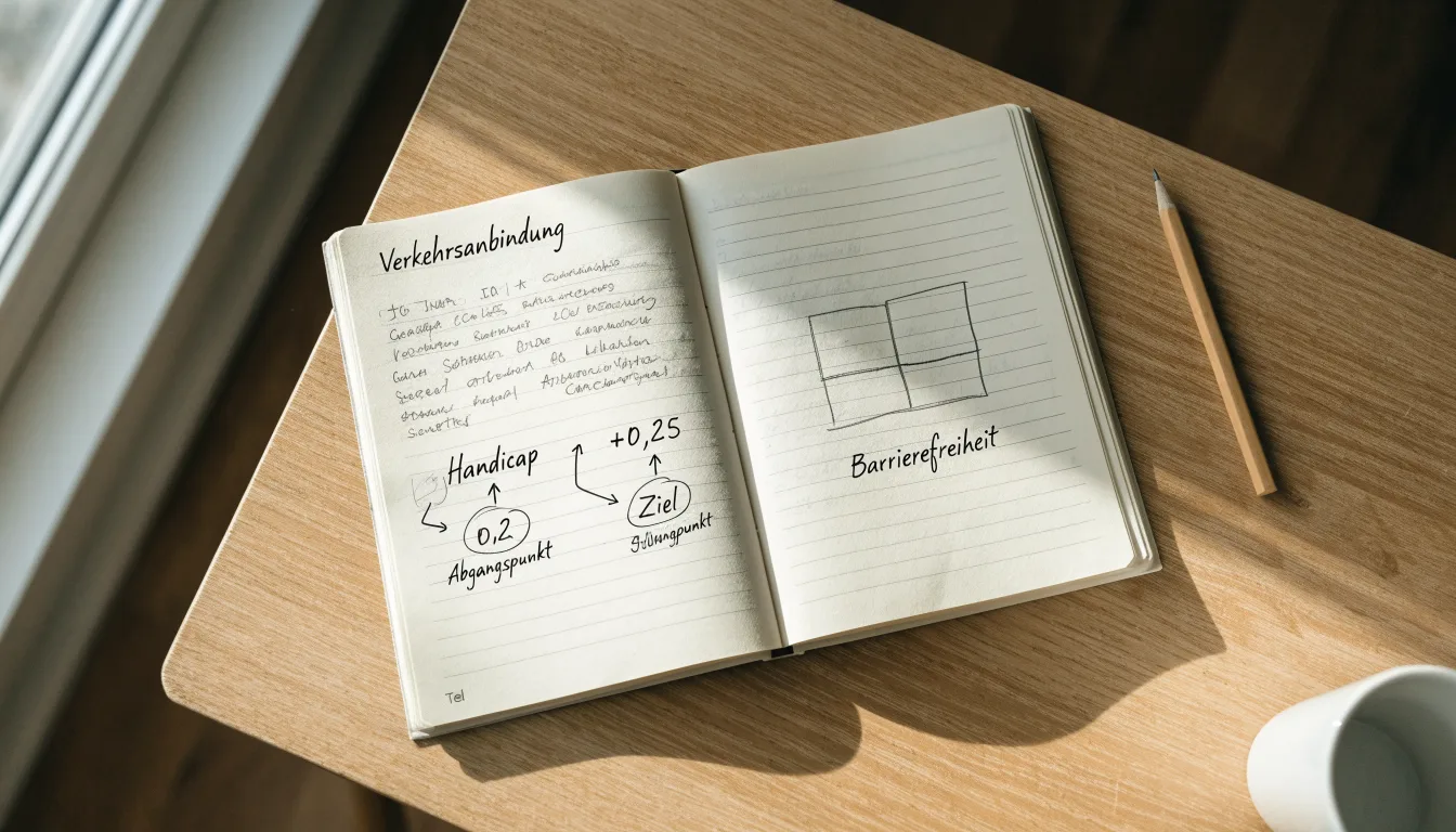 Ein aufgeschlagenes Notizbuch mit handschriftlichen Skizzen und Pfeilen liegt neben einem Bleistift auf einem Holztisch, Tageslicht fällt von der Seite.