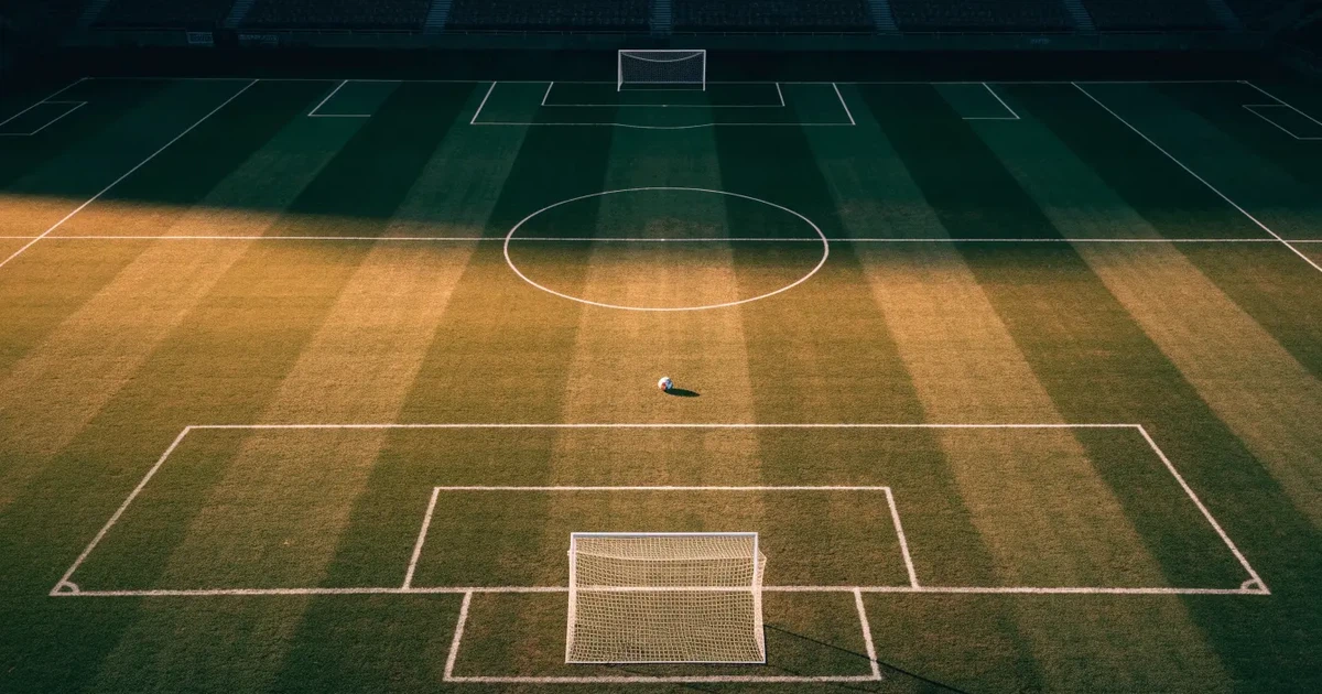 Ein Spielfeld aus der Vogelperspektive mit frisch gezogenen weißen Linien, ein einzelner Ball liegt im Strafraum, niemand ist zu sehen.
