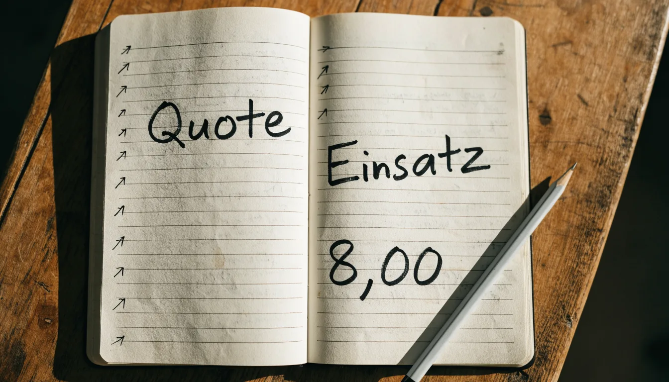 Ein aufgeschlagenes Notizbuch mit handschriftlichen Notizen und Pfeilen liegt neben einem Bleistift auf einem Holztisch, Tageslicht von links.