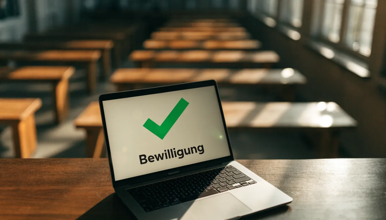 Leerer Sitzungssaal mit Holzbänken im Morgenlicht