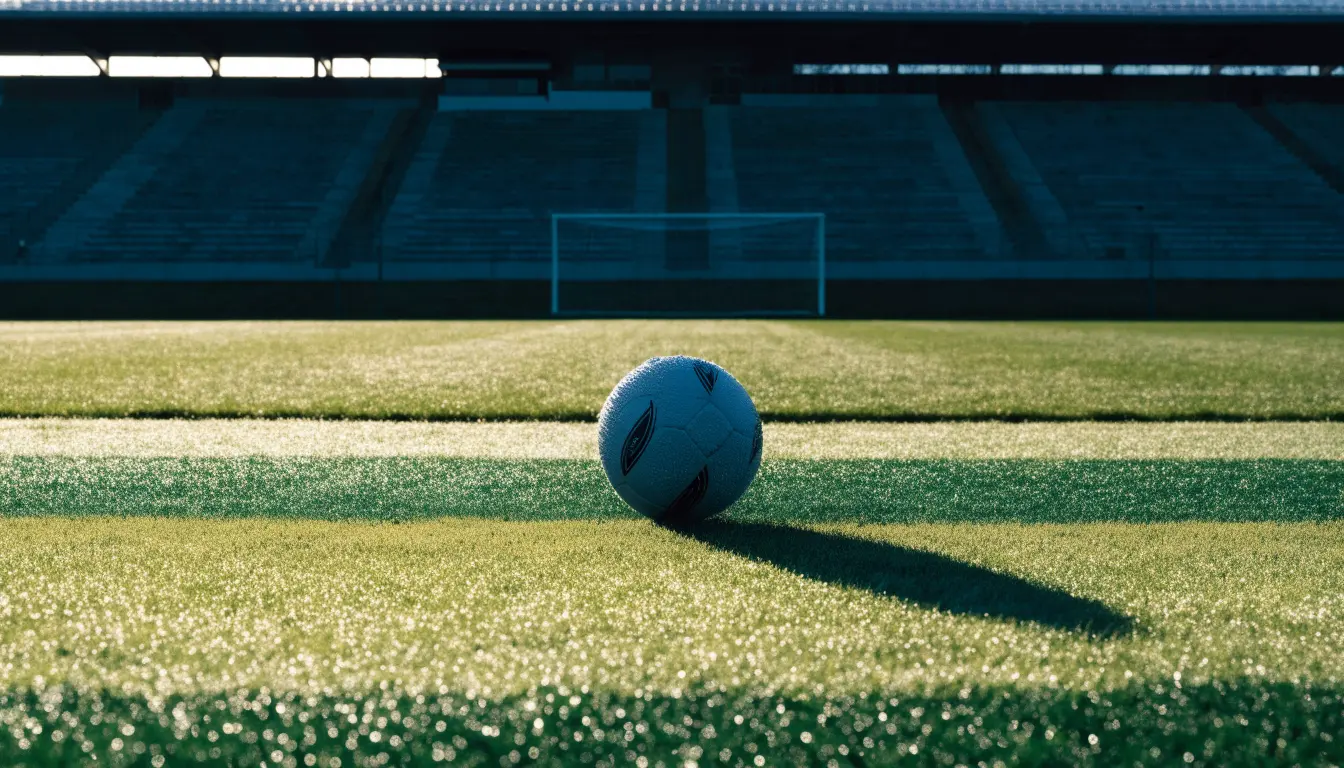 Ein Fußball liegt auf dem Rasen vor einer leeren Tribüne am frühen Morgen, Tau glänzt auf dem Gras.