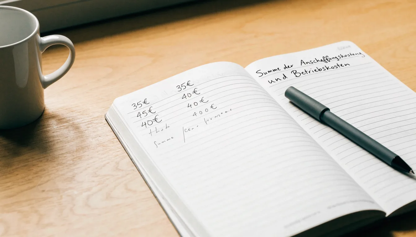 Ein Notizbuch mit handschriftlichen Notizen und ein Kugelschreiber liegen auf einem Schreibtisch neben einer Tasse, Blick schräg von oben.