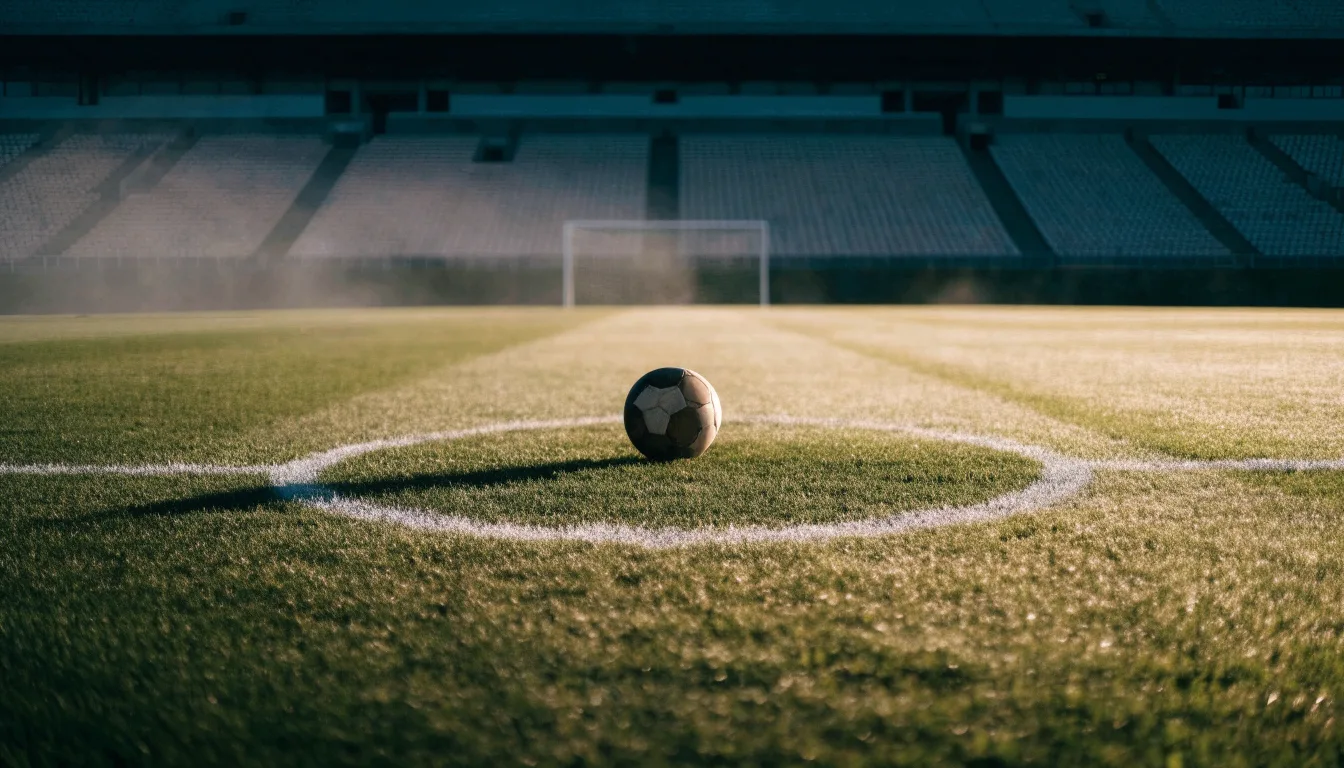 Ein Fußball liegt auf dem Anstoßpunkt eines leeren Rasenplatzes im Morgendunst, im Hintergrund eine ferne Tribüne.
