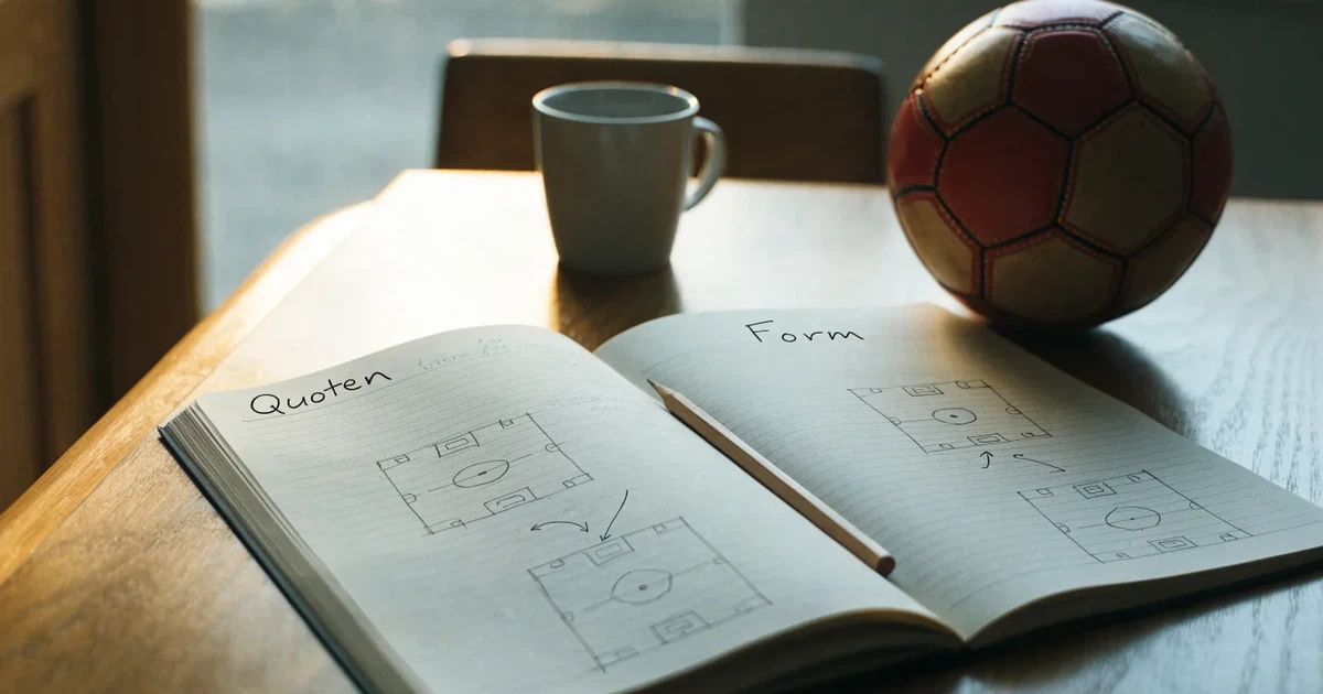 Ein Notizbuch mit handschriftlichen Notizen und kleinen Skizzen liegt aufgeschlagen neben einem Bleistift auf einem Schreibtisch, daneben ein Fußball.
