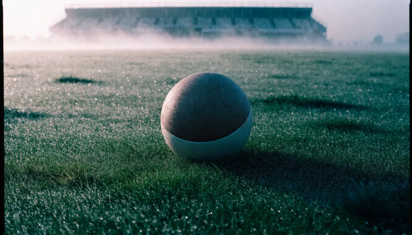 Ein Fußball liegt auf einem Rasenplatz, im Hintergrund eine ferne Tribüne im Morgendunst, Tau glänzt im Gras.