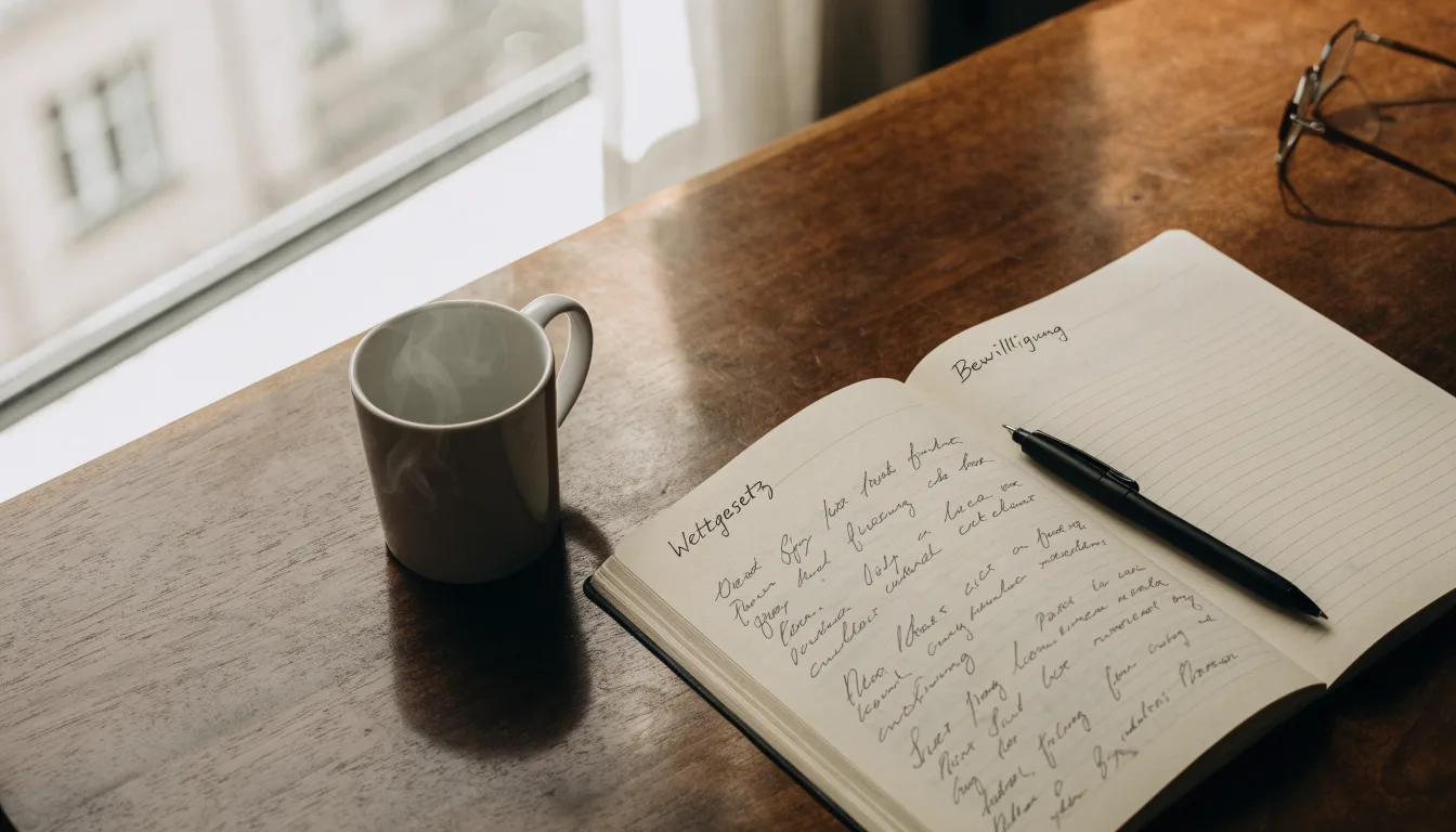 Ein Notizbuch mit handschriftlichen Notizen und ein Kugelschreiber liegen auf einem Schreibtisch neben einer Tasse, Blick schräg von oben.