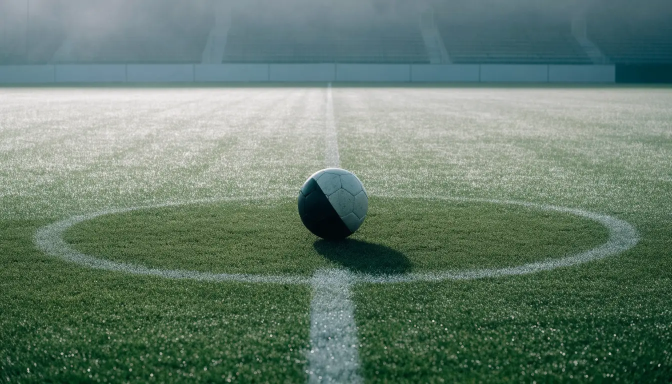 Ein Fußball liegt auf dem Mittelkreis eines leeren Rasenplatzes am frühen Morgen, im Hintergrund eine ferne Tribüne im Dunst.