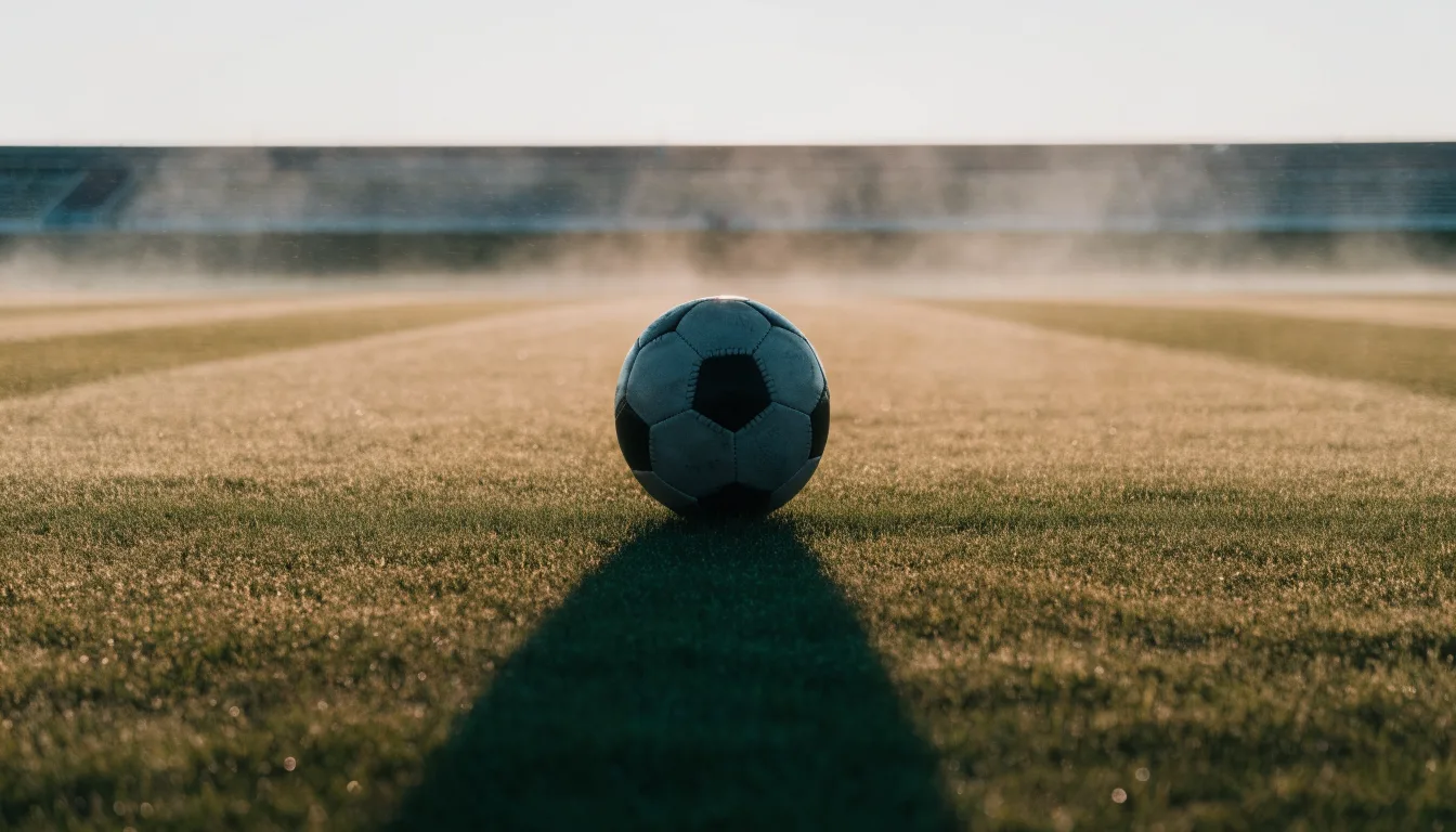 Ein Fußball liegt auf dem Mittelkreis eines leeren Rasenplatzes am frühen Morgen, im Hintergrund eine ferne Tribüne im Dunst.