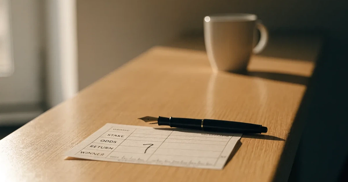 Ein leerer Papier-Wettschein ohne Aufdruck liegt neben einem Kugelschreiber auf einem hellen Tresen, weiches Seitenlicht.