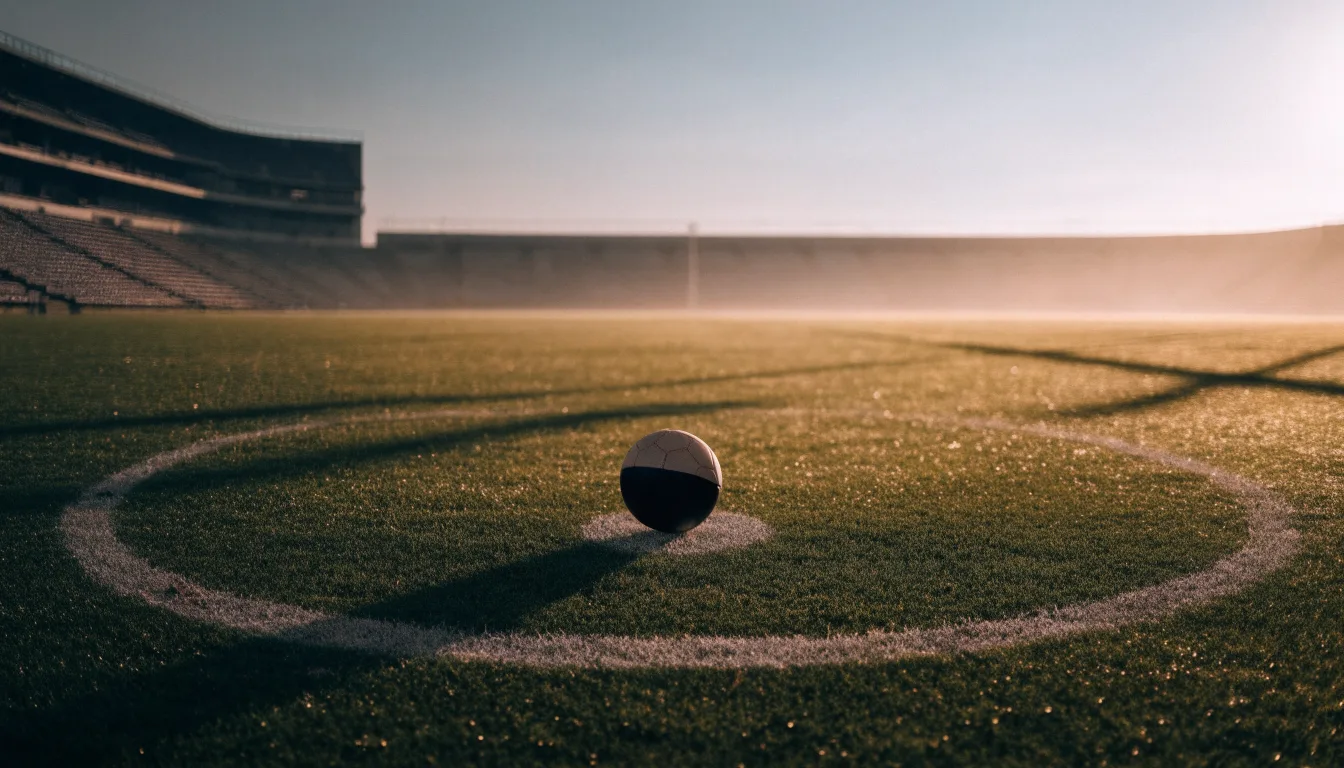 Ein Fußball liegt auf dem Mittelkreis eines leeren Rasenplatzes am frühen Morgen, im Hintergrund eine ferne Tribüne im Dunst.