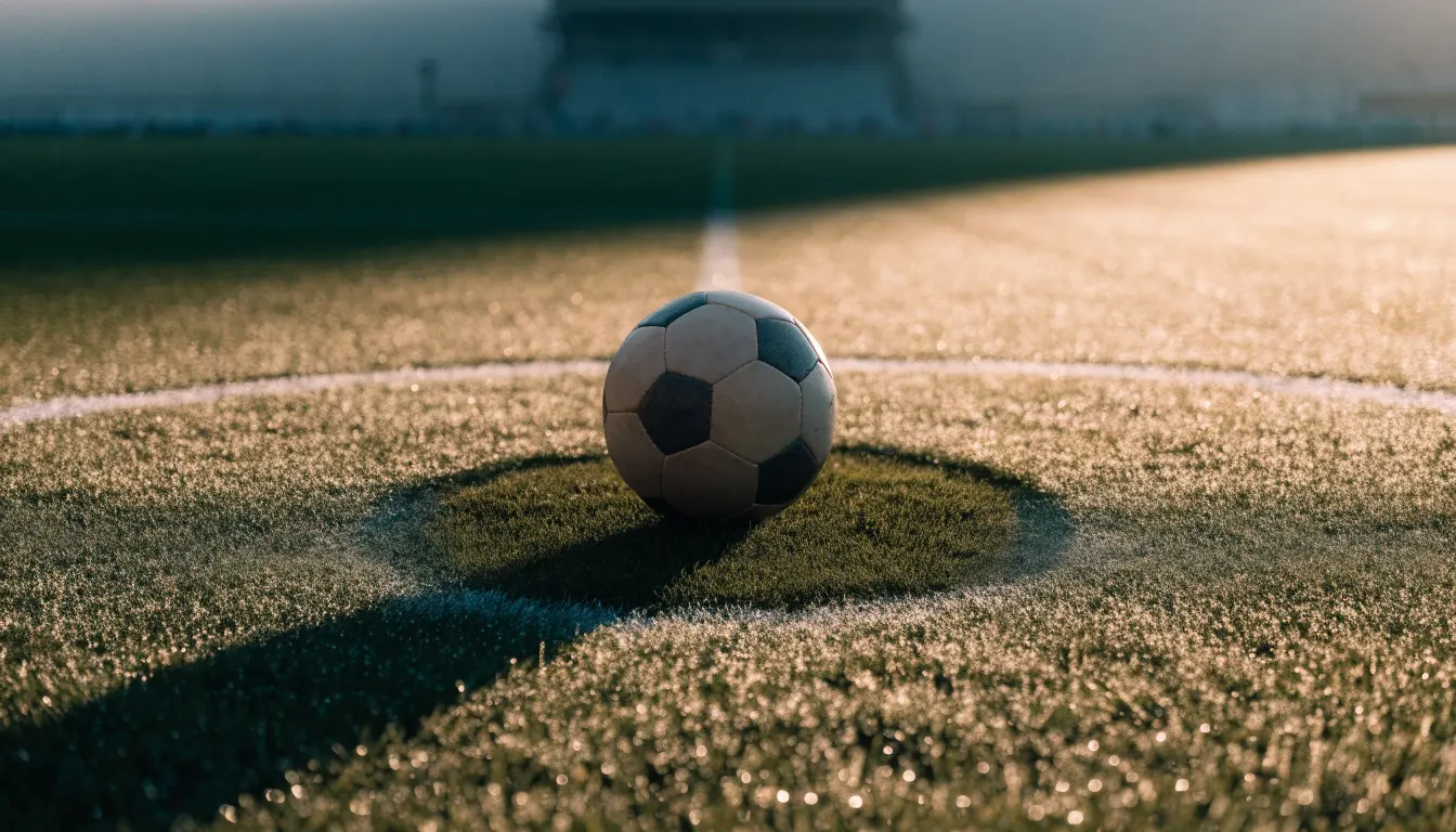 Ein Fußball liegt auf dem Mittelkreis eines leeren Rasenplatzes am frühen Morgen, im Hintergrund eine ferne Tribüne im Dunst.