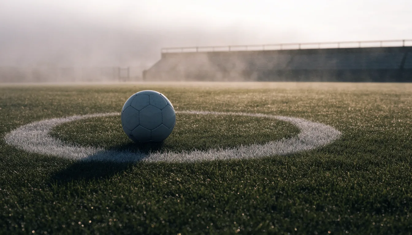 Ein Fußball liegt auf dem Anstoßpunkt eines leeren Rasenplatzes im Morgendunst, im Hintergrund eine ferne Tribüne.