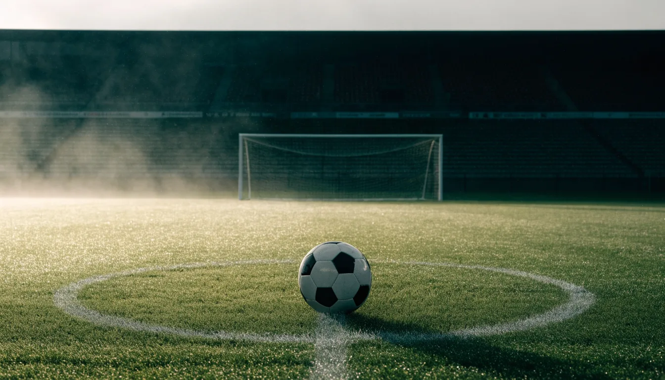 Ein Fußball liegt auf dem Anstoßpunkt eines leeren Rasenplatzes im Morgennebel, im Hintergrund verschwimmen die Tribünen.