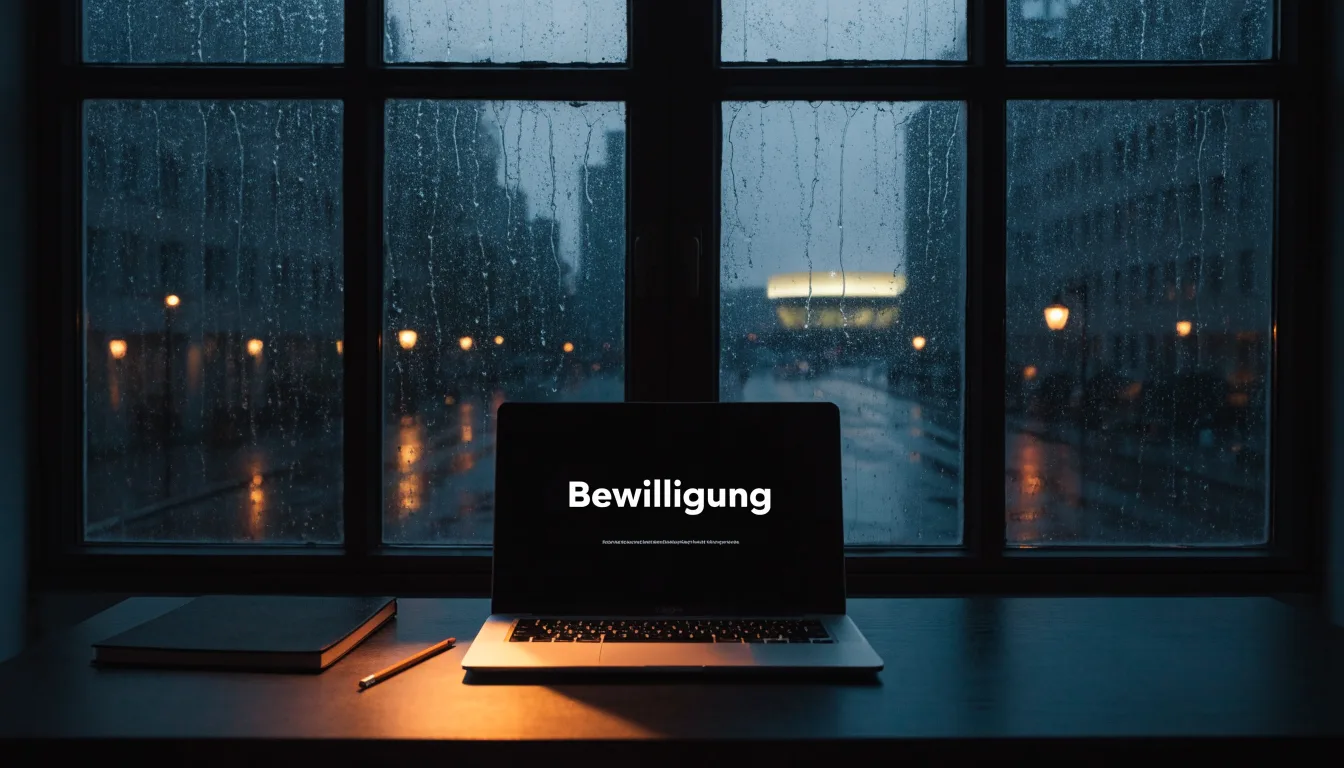Ein Stadion unter Flutlicht aus großer Entfernung gesehen, davor eine nasse Straße in der Abenddämmerung.