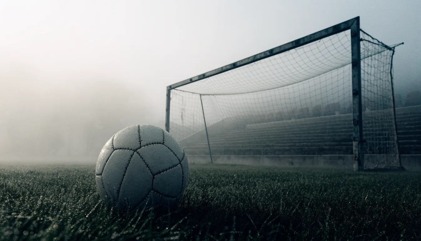 Ein Fußball liegt auf dem Rasen eines leeren Platzes im Morgennebel, im Hintergrund verschwimmen die Tribünen.