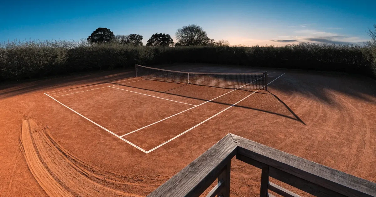 Ein Tennisplatz aus Sand liegt menschenleer im ersten Licht der Morgendämmerung, die Netze hängen still.