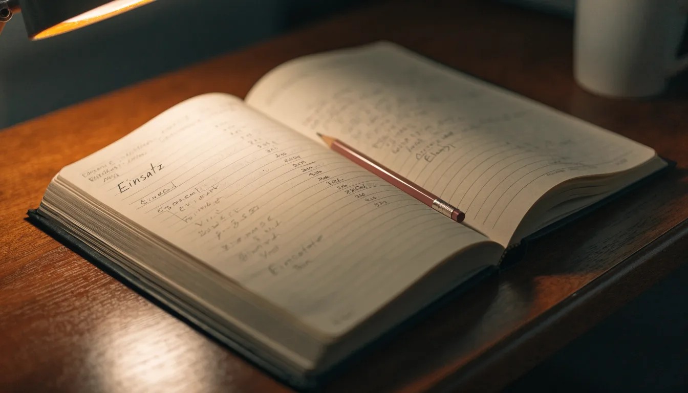 Ein aufgeschlagenes Notizbuch mit handschriftlichen Notizen und ein Bleistift liegen auf einem Schreibtisch im Licht einer Lampe.