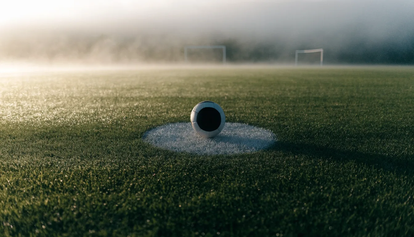 Ein Fußball liegt auf dem Anstoßpunkt eines leeren Rasenplatzes im Morgennebel.