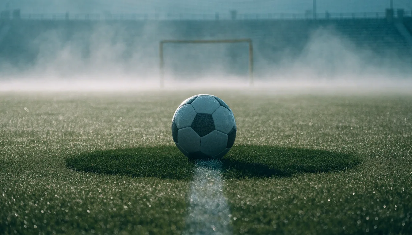 Ein Fußball liegt auf dem Anstoßpunkt eines leeren Rasenplatzes im Morgennebel.