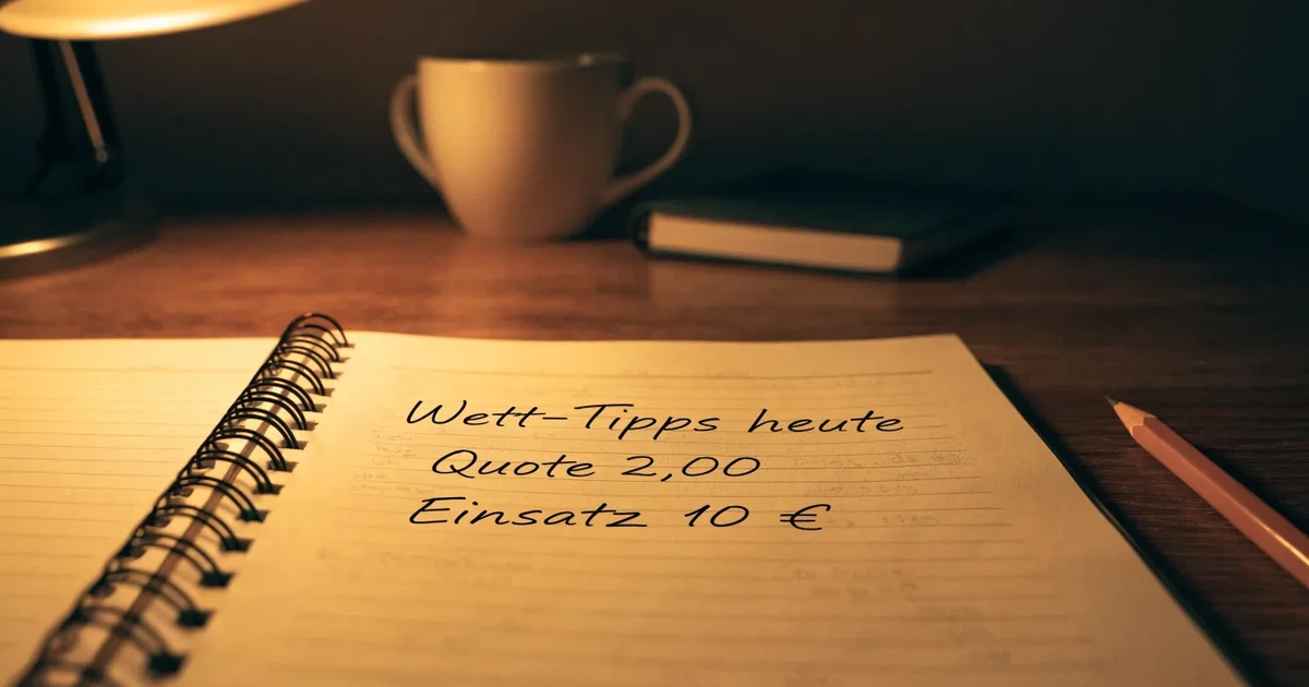 Ein aufgeschlagenes Notizbuch mit handschriftlichen Notizen und ein Bleistift liegen auf einem Schreibtisch im Licht einer Lampe.
