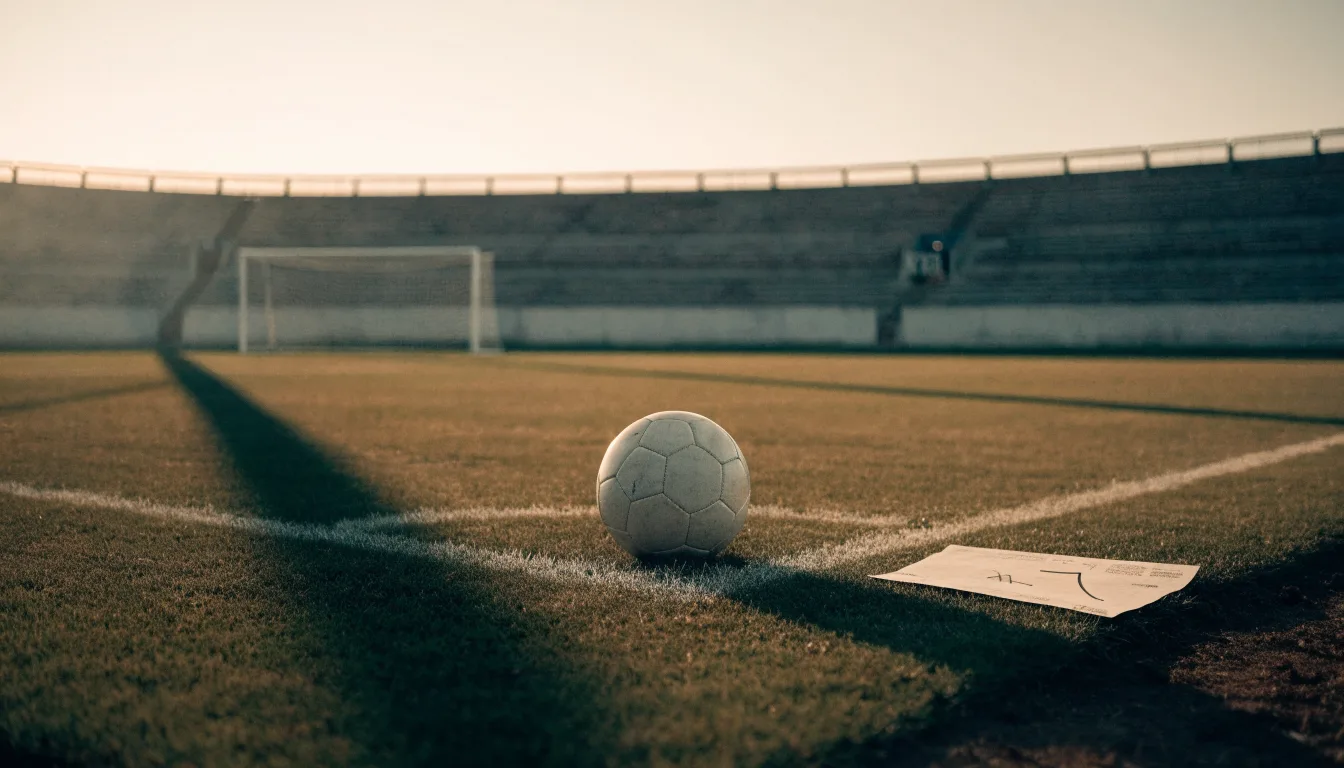 Ein Fußball liegt auf dem Anstoßpunkt eines leeren Rasenplatzes, dahinter eine menschenleere Tribüne im weichen Abendlicht.