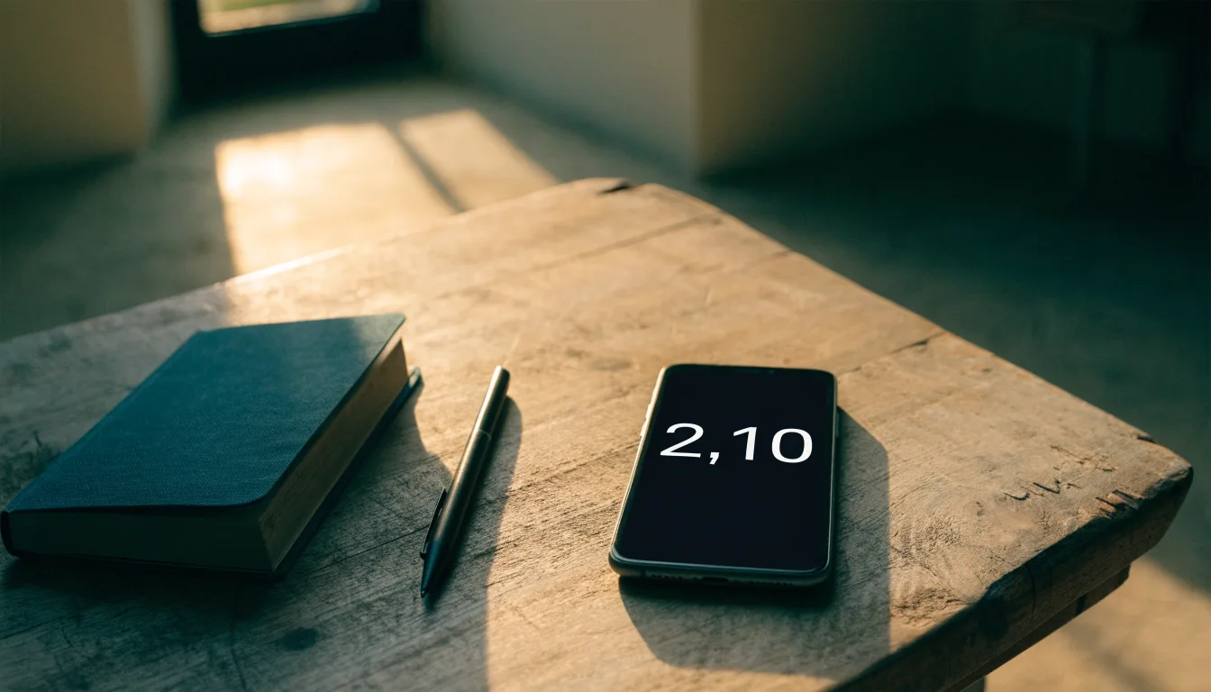 Ein Smartphone mit dunklem Display liegt auf einem Holztisch neben einem Notizbuch, durch das Fenster fällt Abendlicht.