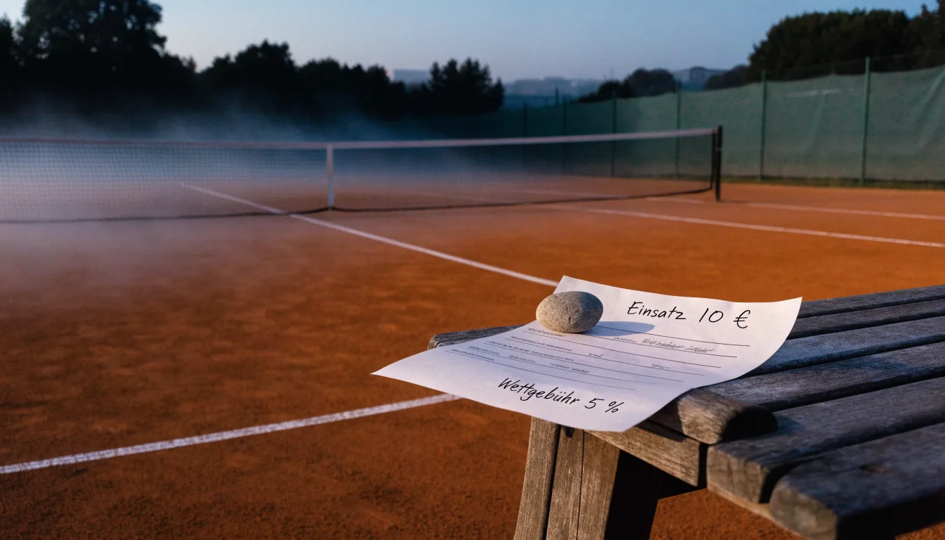 Ein Tennisplatz im Morgengrauen mit Netz und Linien, über dem Sandboden liegt leichter Nebel und niemand ist zu sehen.