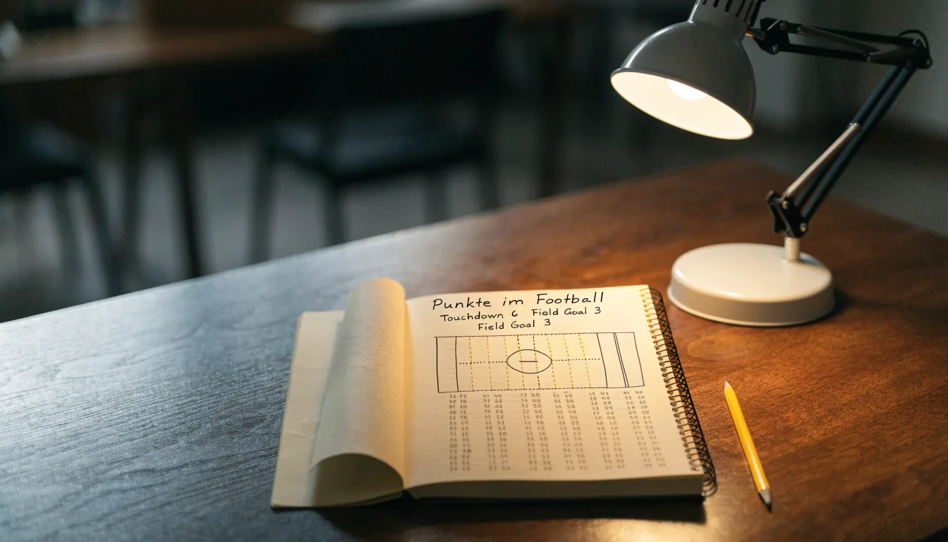 Ein Notizbuch mit handschriftlichen Skizzen und Zahlenreihen liegt aufgeschlagen auf einem Schreibtisch, daneben ein Bleistift.