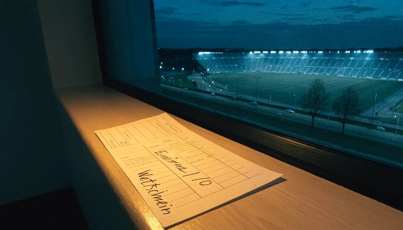 Ein großes Stadion unter Flutlicht aus weiter Entfernung gesehen, davor eine dunkle Landstraße und ein paar Bäume.