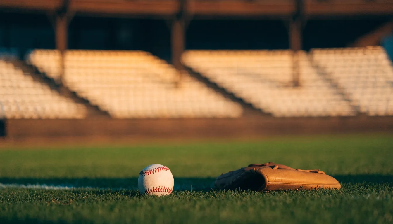 Ein Baseball liegt auf dem Rasen neben einem Lederhandschuh ohne Aufschrift, im Hintergrund eine leere Tribüne im Abendlicht.