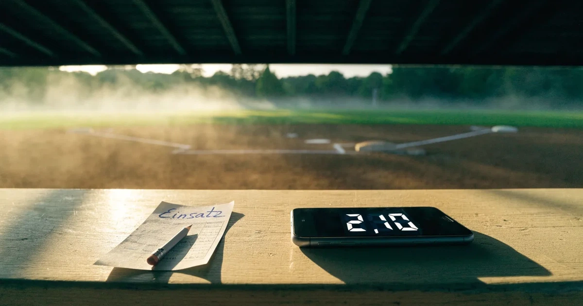 Ein leeres Baseballfeld mit Sandfläche, Basen und weißen Linien in der Morgendämmerung, über dem Rasen liegt leichter Nebel.