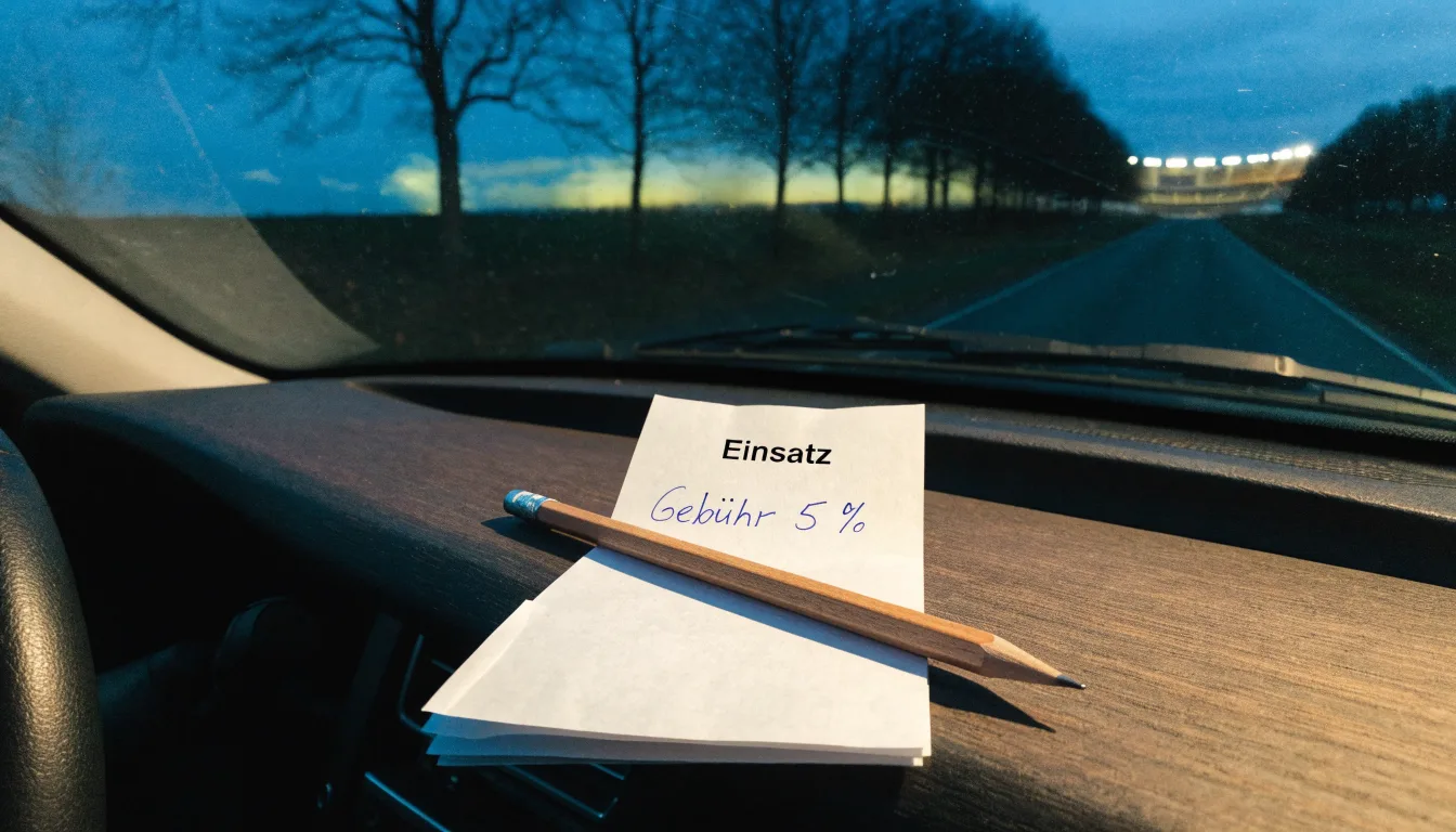 Ein Stadion unter Flutlicht aus großer Entfernung gesehen, davor eine dunkle Landstraße und einzelne Bäume in der Dämmerung.