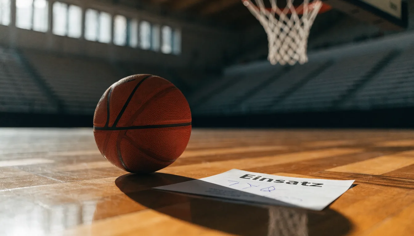 Ein orangefarbener Basketball liegt auf einem Hallenboden unter dem Netz eines Korbs, im Hintergrund unscharf leere Sitzreihen.