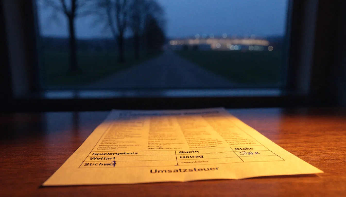 Ein Stadion unter Flutlicht aus großer Entfernung gesehen, davor eine dunkle Landstraße und einzelne Bäume in der Dämmerung.