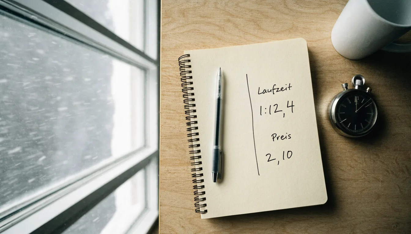 Ein Notizbuch mit handschriftlichen Zeiten liegt neben einer Stoppuhr auf einem Holztisch, draußen vor dem Fenster fällt Schnee.