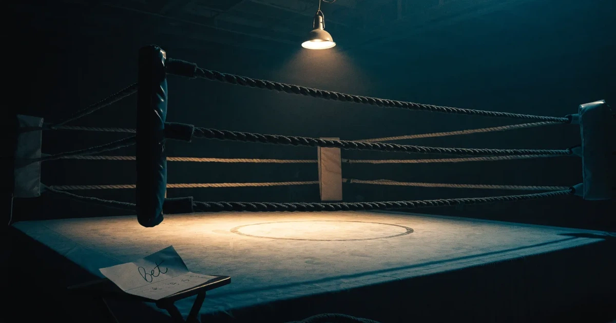 Ein leerer Boxring mit gespannten Seilen unter einer Hallenlampe, der Ringboden ist im Licht gut zu erkennen, niemand ist zu sehen.