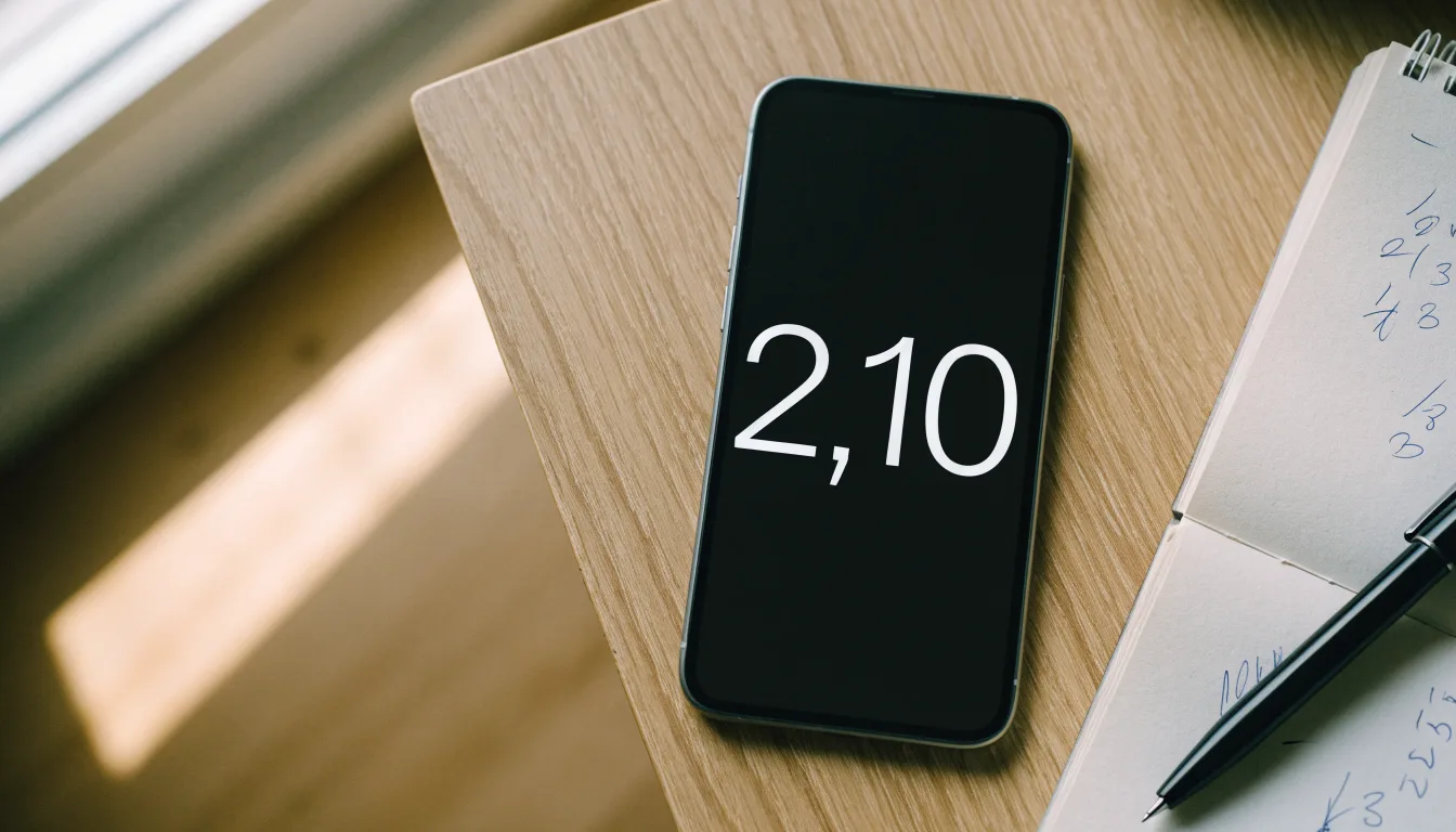 Ein Smartphone mit dunklem Display liegt auf einem Holztisch neben einem Notizblock und einem Stift, Tageslicht von links.