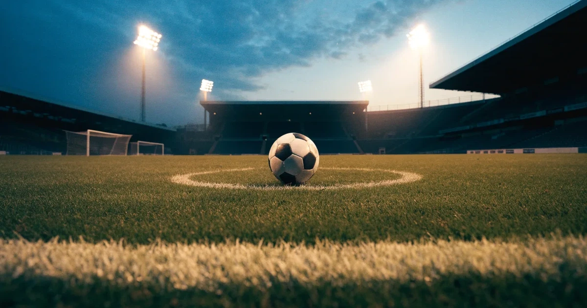 Ein Fußball liegt auf dem Anstoßpunkt eines Rasenplatzes in der Dämmerung, in der Ferne leuchten Flutlichter, die Ränge sind leer.