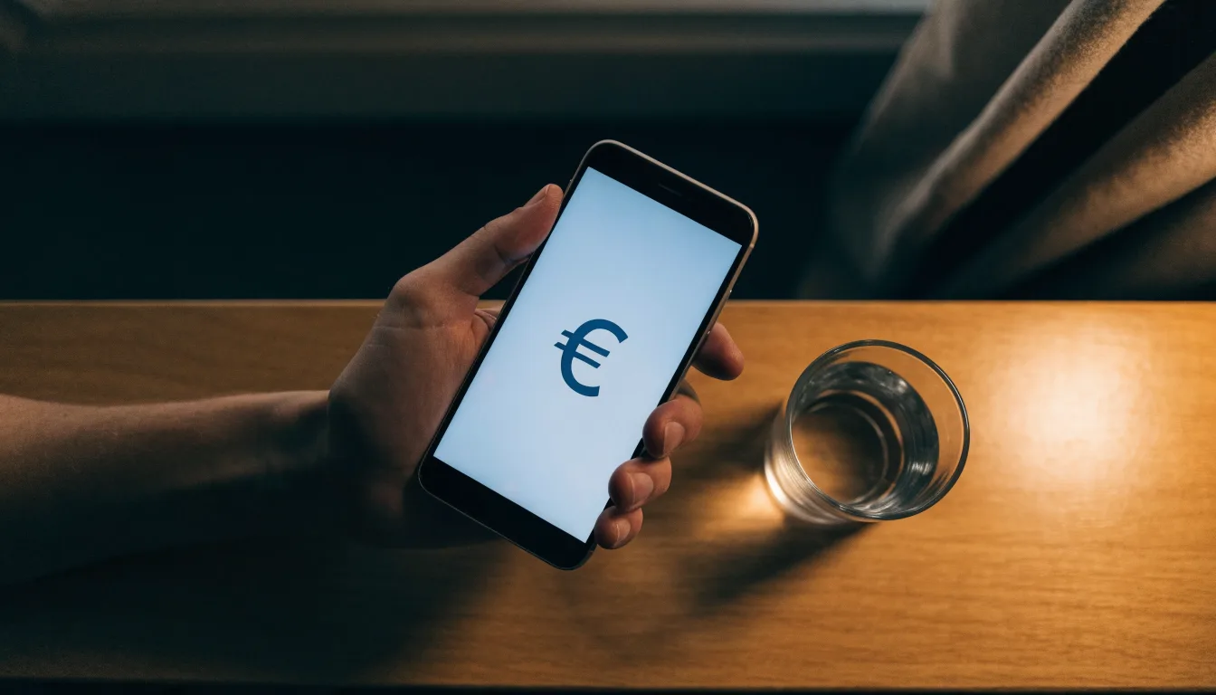 Ein Smartphone liegt mit dem Display nach unten auf einem Holztisch neben einem Glas Wasser, ruhige Abendstimmung in einem Wohnzimmer.