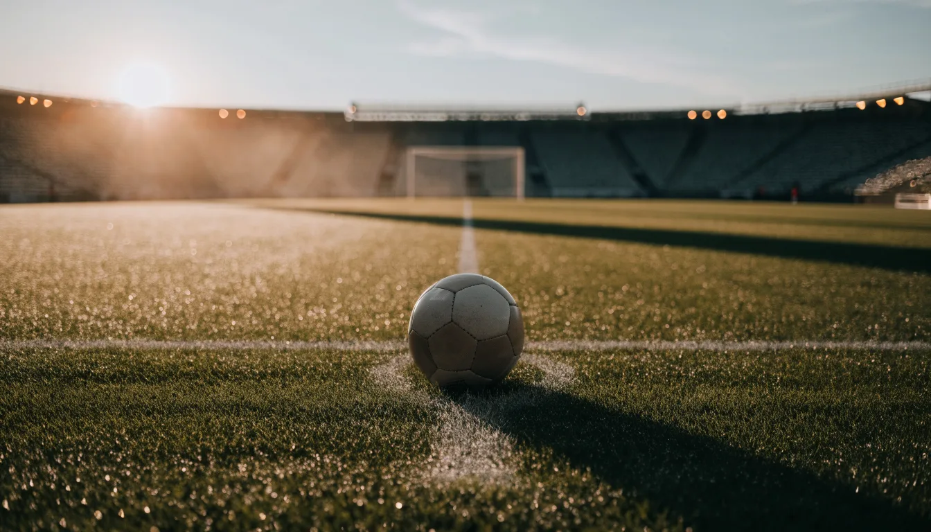 Ein Fußball auf dem Mittelpunkt eines Rasenplatzes, früher Morgen, Tau auf dem Gras, im Hintergrund leere Tribünen.