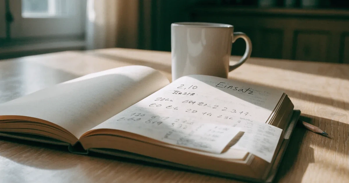 Ein Notizbuch mit handschriftlichen Stichpunkten und kleinen Skizzen liegt neben einem Bleistift auf einem hellen Tisch, Tageslicht von der Seite.